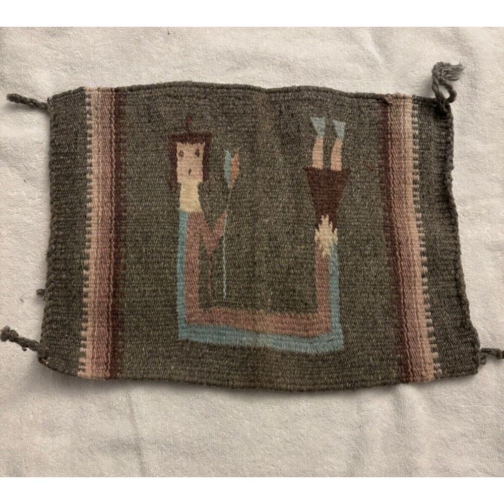 Vintage Small Mexican Wool Yei Rug ~ Art Textile Weaving Wall Hanging 19” X 14”